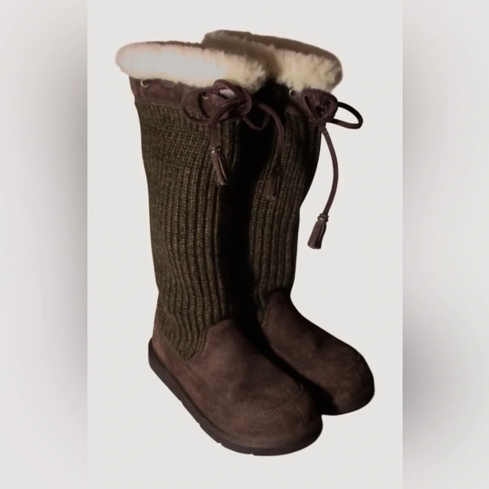 UGG Australia Tall Knit Shearling Boots Brown Leather Tassel Women’s 6